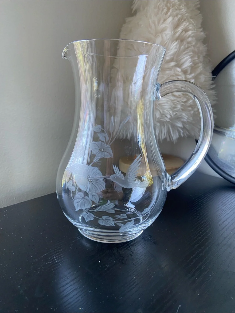 Vintage Avon Hummingbird Collection Crystal Glass Pitcher Etched Morning Glories
